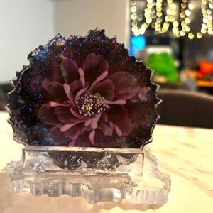 Coffee Coasters | Purple and Silver Flower Bloom Coaster Set of 4 with Stand